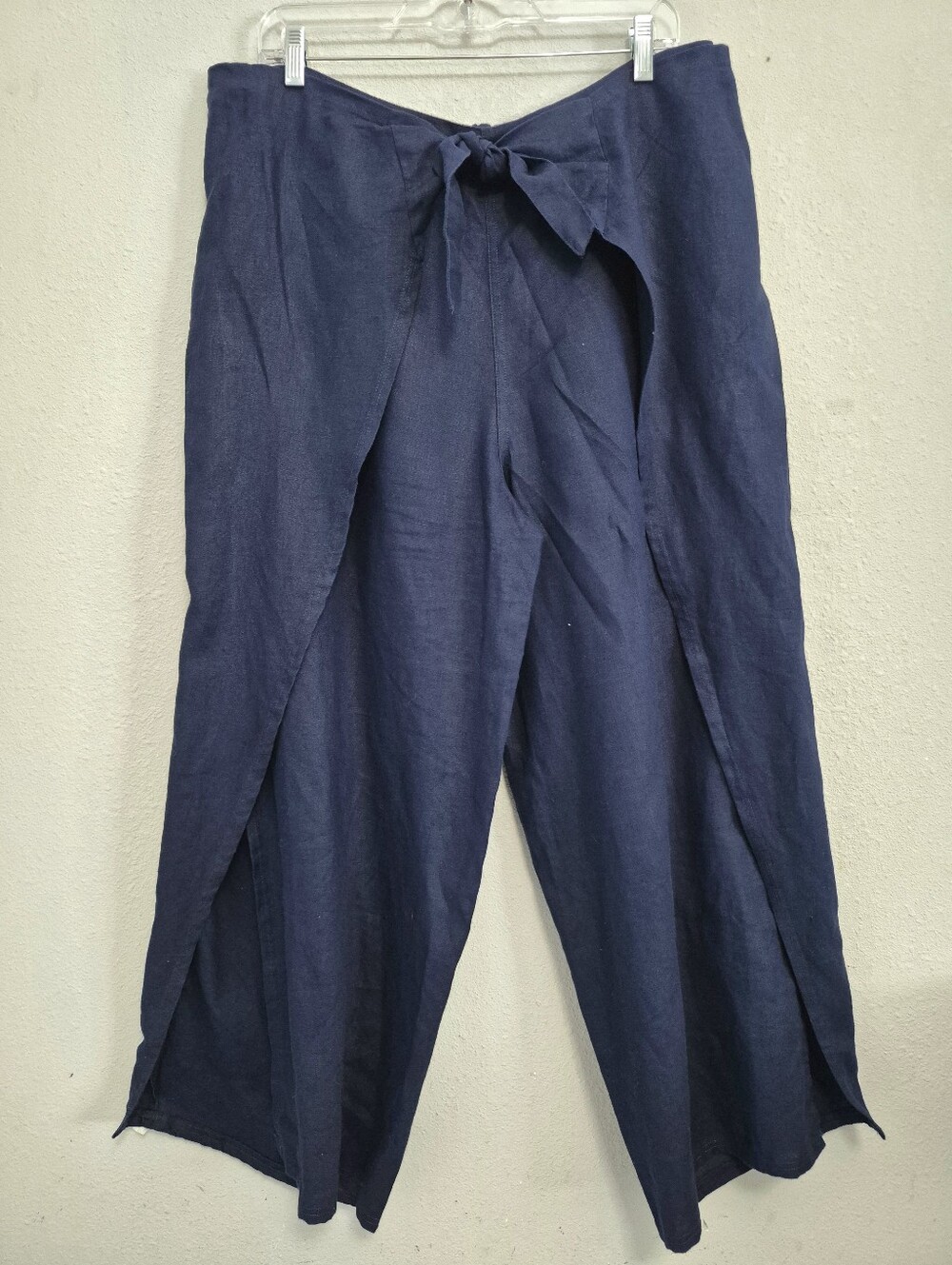 Land's End Linen Faux Wrap Cropped Pull On Pants Navy Large Boho Lagenlook